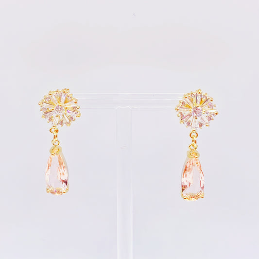 Shiny Pink Flower with Pink Crystal Dangling Earrings