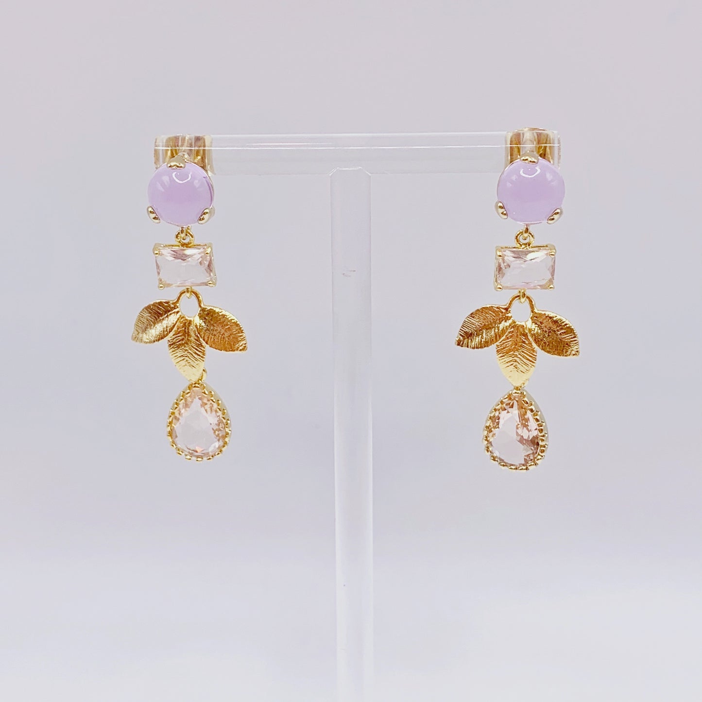 White Crystal With Golden Leave Dangling Earrings