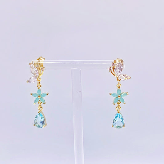 Light Blue Flower With Blue and White Crystal Dangling Earrings