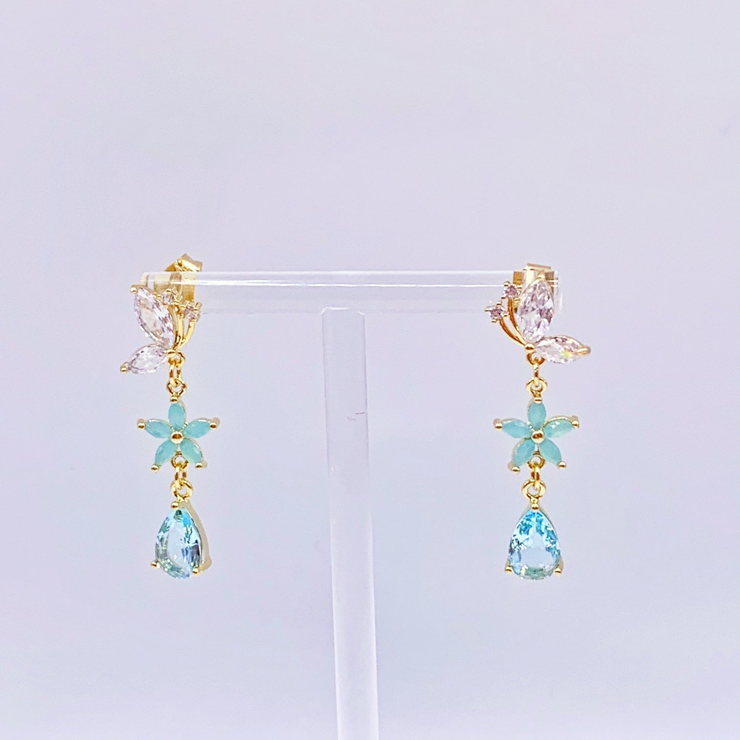 Light Blue Flower With Blue and White Crystal Dangling Earrings