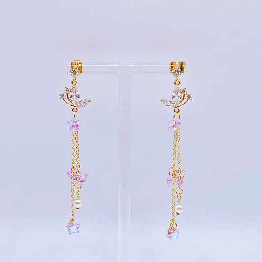 Butterfly With Golden Chain and Pink Crystal Dangling Earrings
