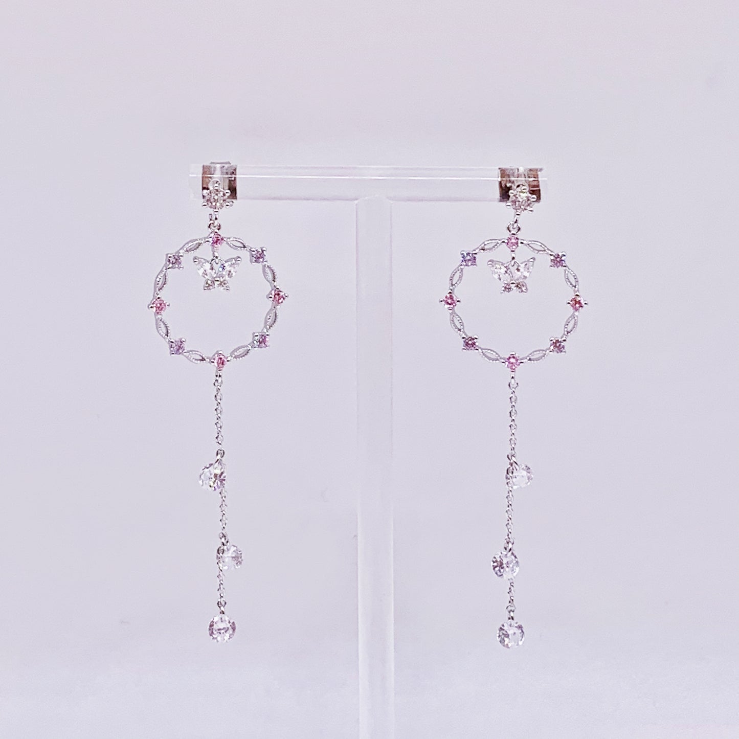 Butterfly With Silver Chain and White Crystal Dangling Earrings
