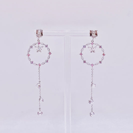 Butterfly With Silver Chain and White Crystal Dangling Earrings