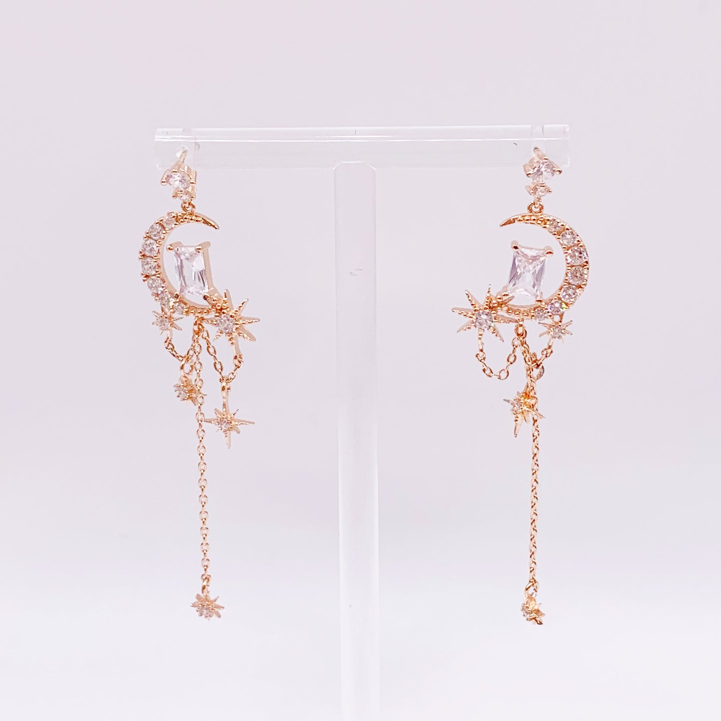 Moon and Star With White Crystal Dangling Earrings