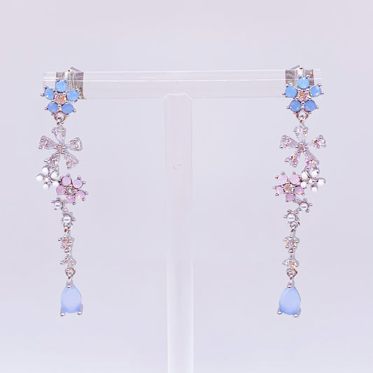 Blue and Pink Flower with White Crystal Dangling Earrings