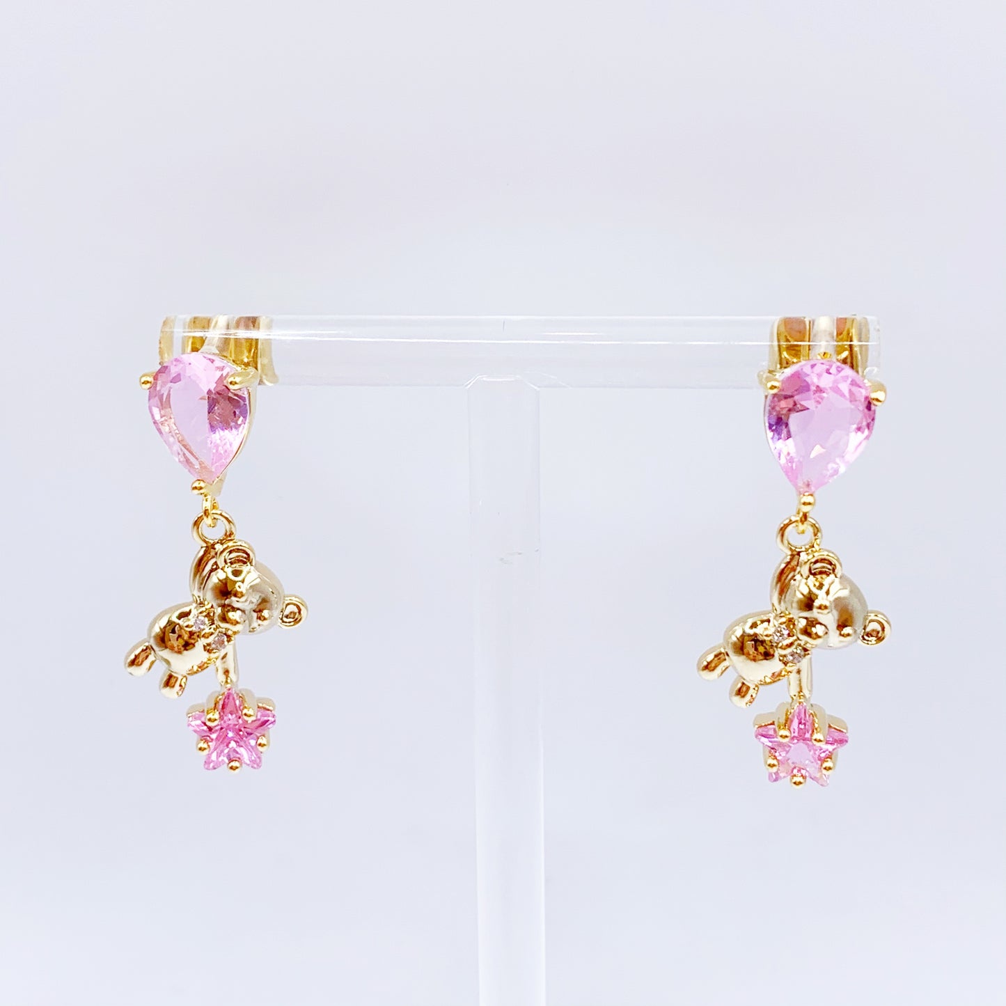 Golden Teddy Bear with Pink Crystal Earrings