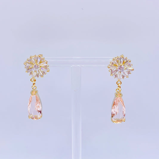 White Crystal Flower With Pink Crystal Earrings