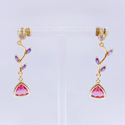 Diamond with Violet leaf Pink Crystal Dangling Earrings
