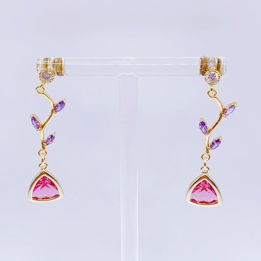Diamond with Violet leaf Pink Crystal Dangling Earrings