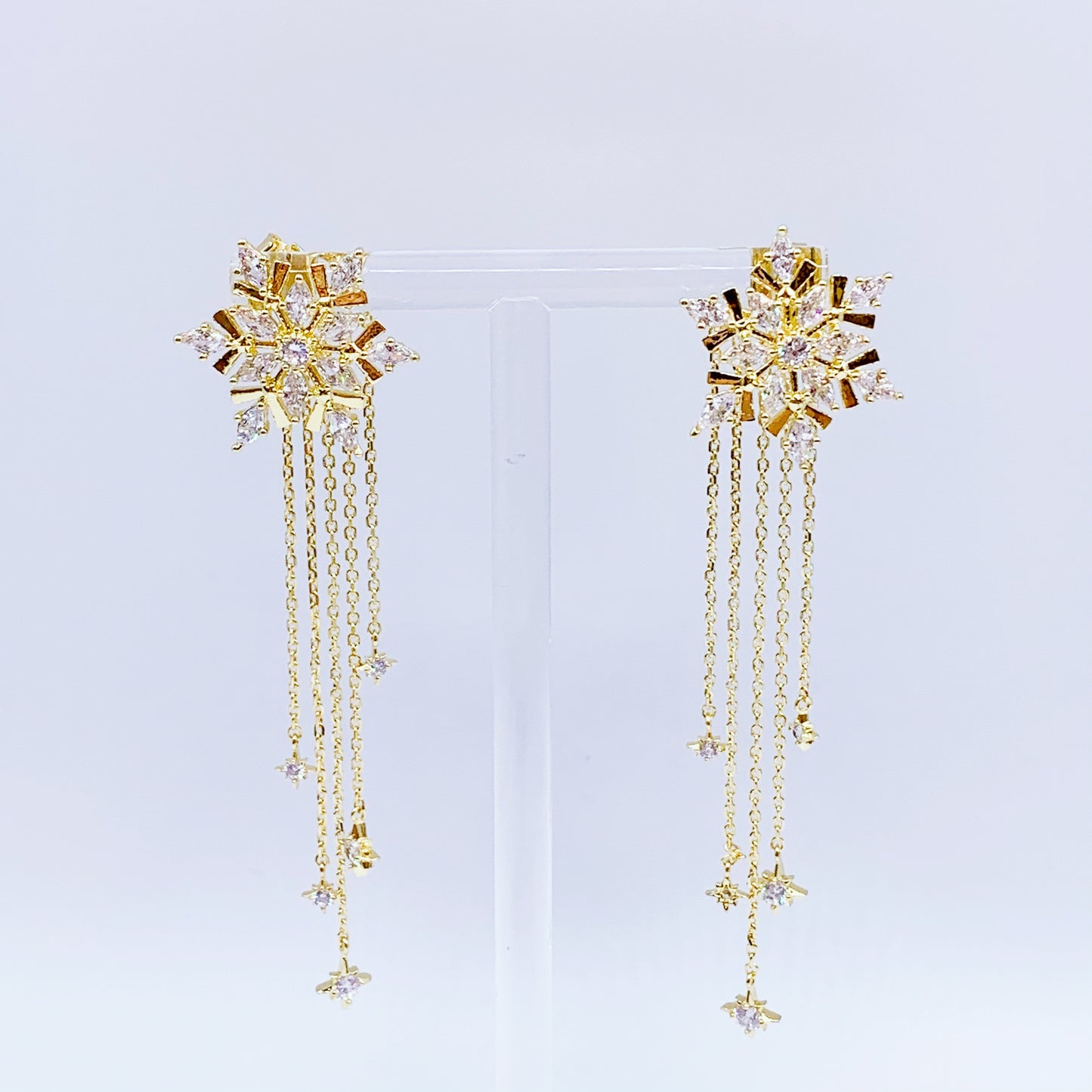 Golden Snow Flake with Golden Chain Dangling Earrings