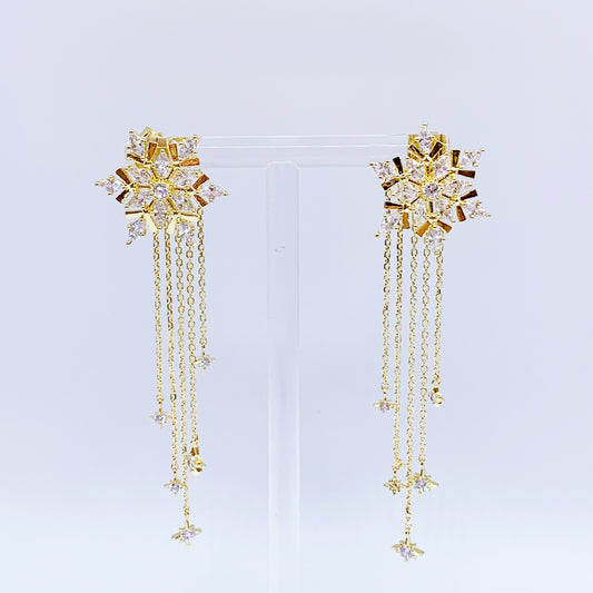 Golden Snow Flake with Golden Chain Dangling Earrings