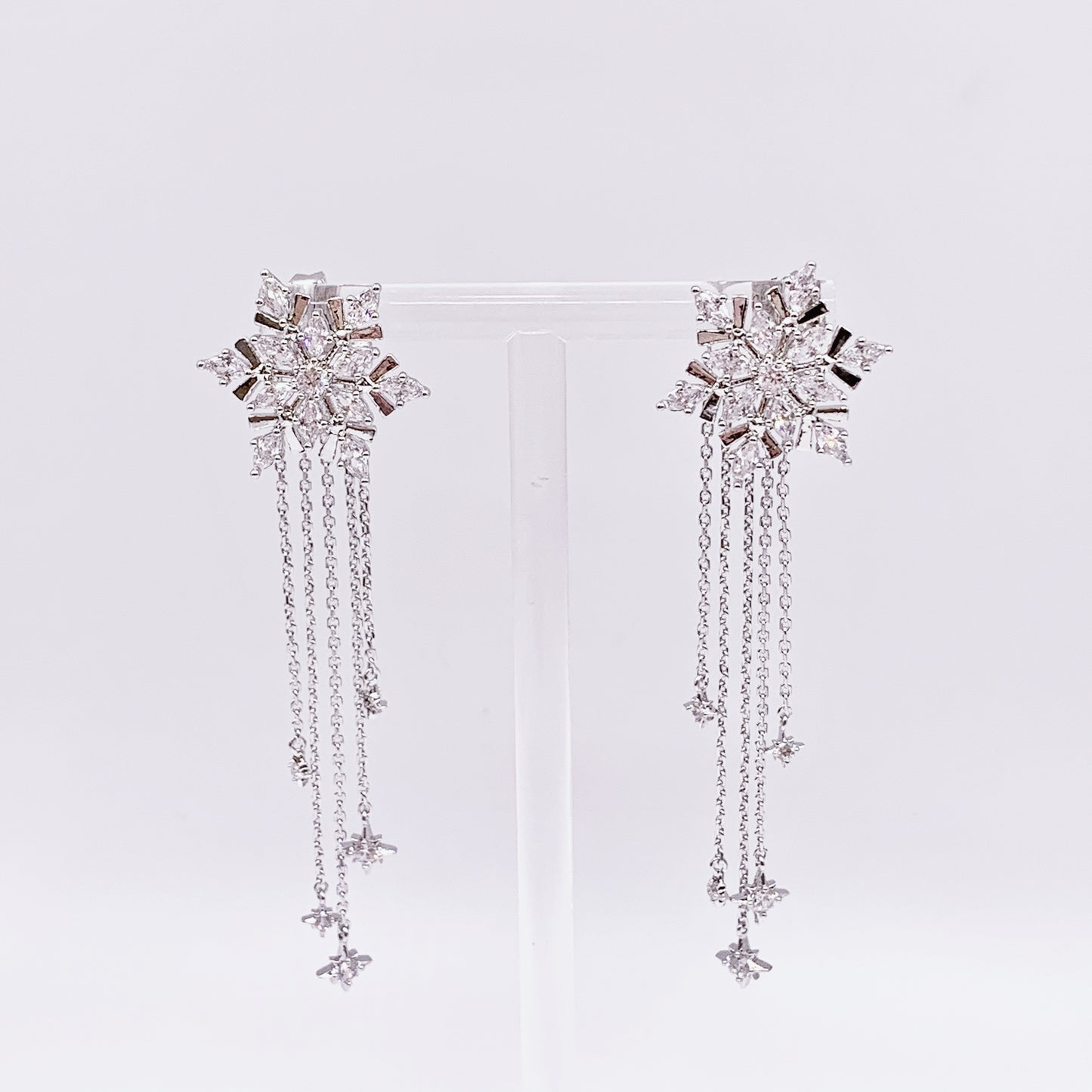 Silver Snow Flake with Silver Chain Dangling Earrings