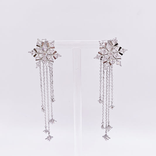 Silver Snow Flake with Silver Chain Dangling Earrings