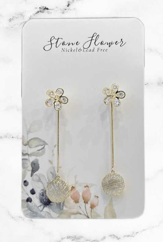 Flower With White Stone Dangling Earrings