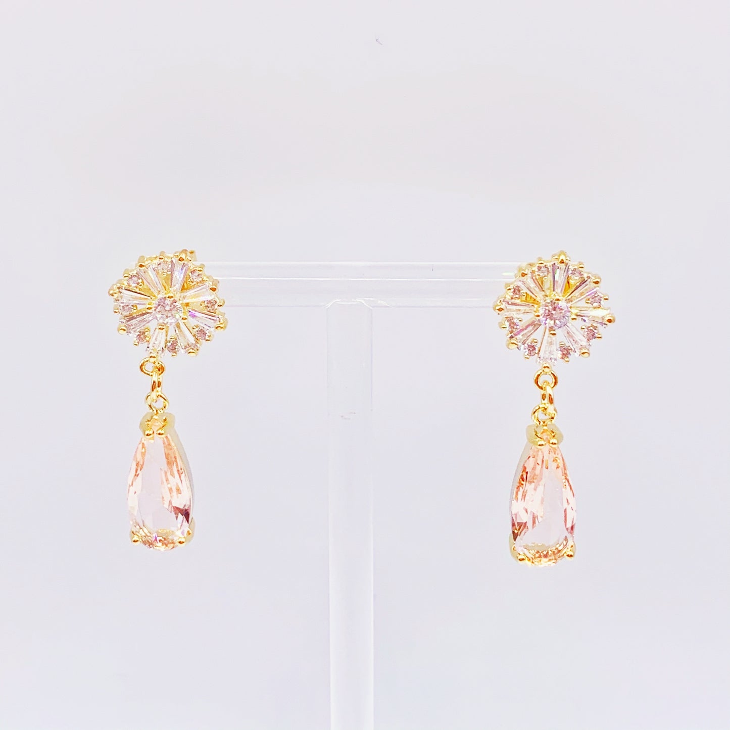 Shiny Pink Flower with Pink Crystal Dangling Earrings