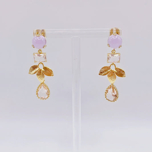 White Crystal With Golden Leave Dangling  Earrings