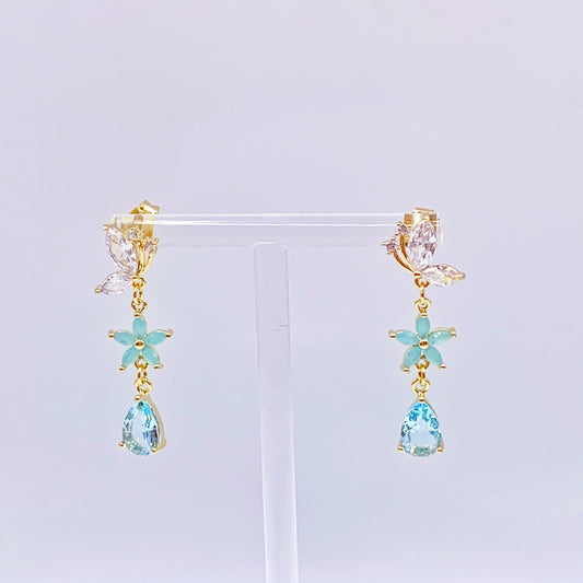 Light Blue Flower With Blue and White Crystal Dangling Earrings