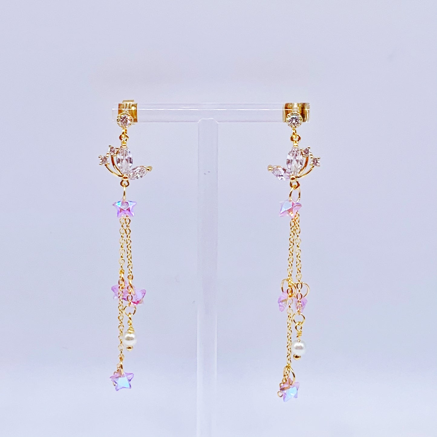 Butterfly With Golden Chain and Pink Crystal Dangling Earrings