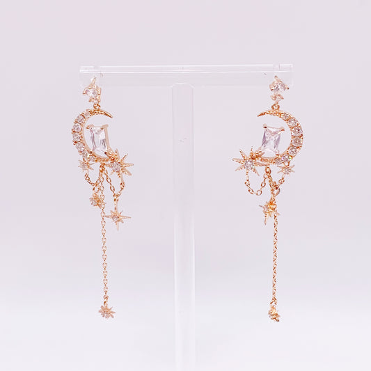 Moon and Star With White Crystal Dangling Earrings