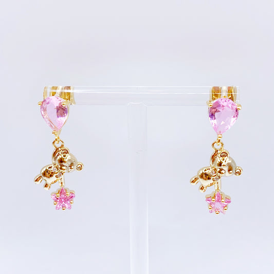Golden Teddy Bear with Pink Crystal Earrings