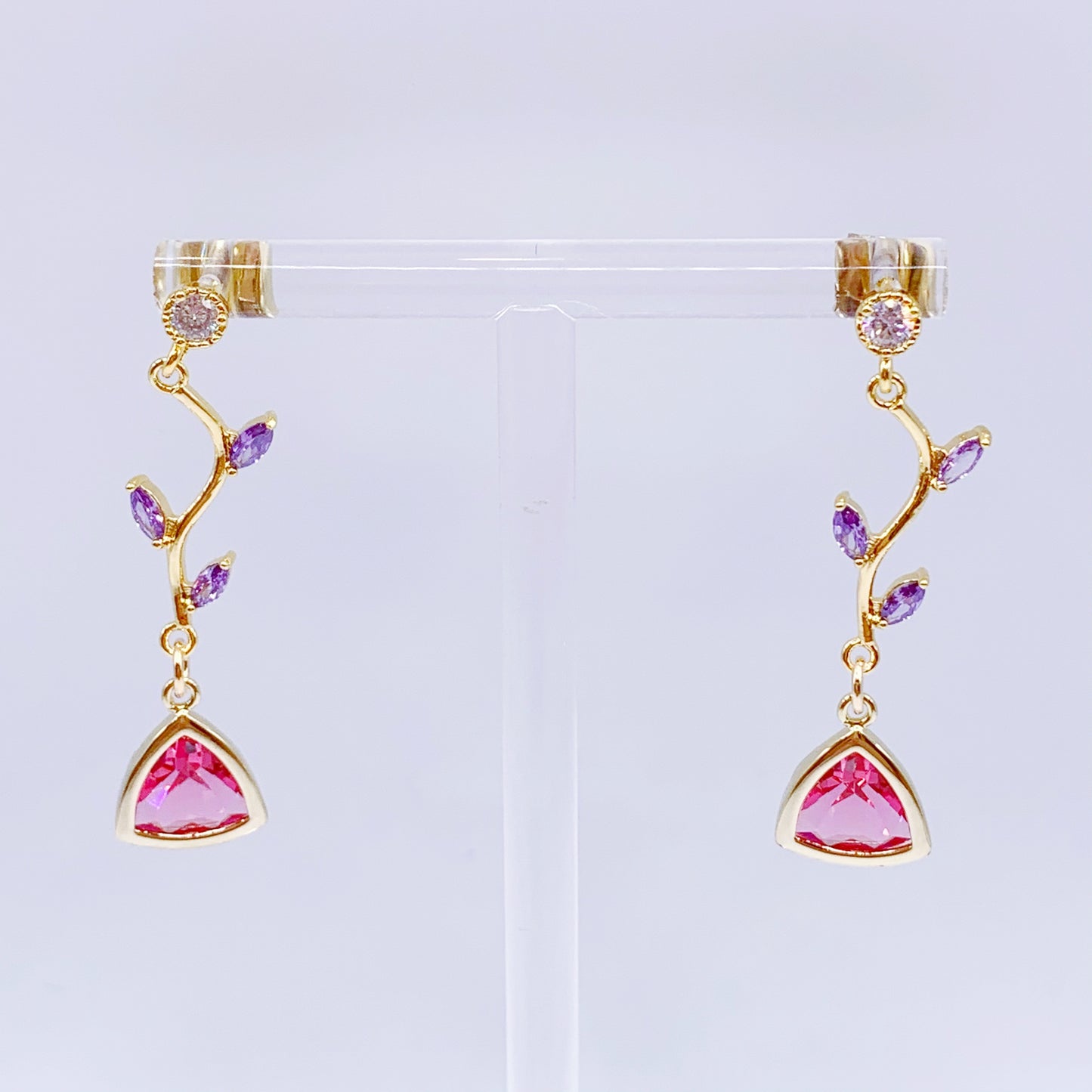 Diamond with Violet leaf Pink Crystal Dangling Earrings
